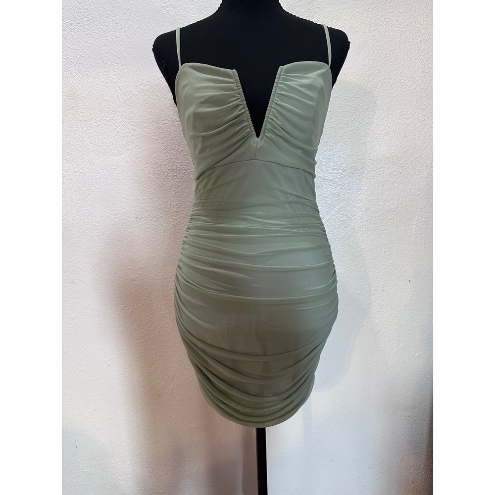 Speechless Sage Green Ruched Mesh Bodycon Mini Dress Wired V-Neck Small